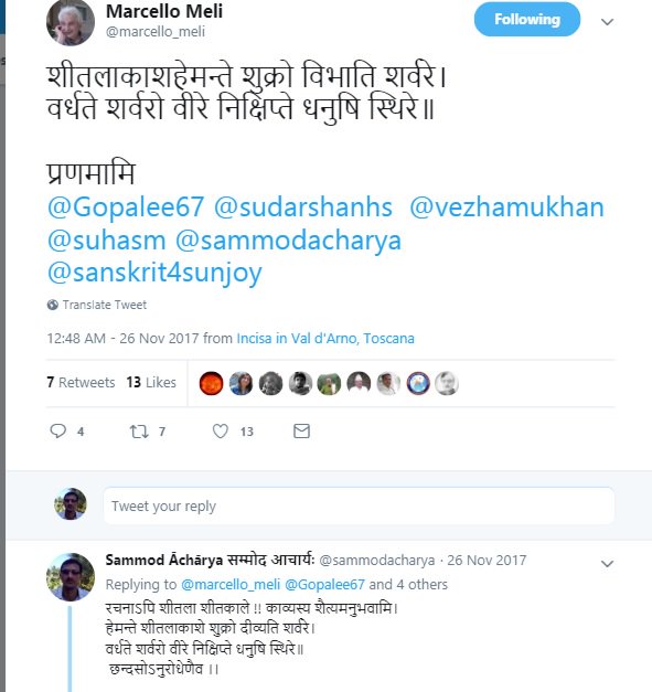 sammodacharya's tweet photo. This conversation with a devoted Italian #Devavani (#संस्कृतम्) speaker& poet @marcello_meli shows the eternal and universal value of #Devavani. I am no poet, but just a student of our esteemed #Vedic tradition (#वैदिकपरम्परा ) & just pretended to be one to communicate this way. https://t.co/lPF8aAjpJV