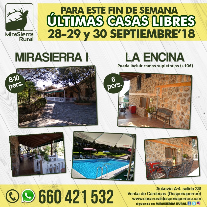 RuralMirasierra's tweet photo. Para este próximo fin de semana tenemos 2 CASAS LIBRES
¡¡HAZ YA TU RESERVA !! - Telf 660 421 532
https://t.co/gTlDHbr3fR https://t.co/9friRMwkS9