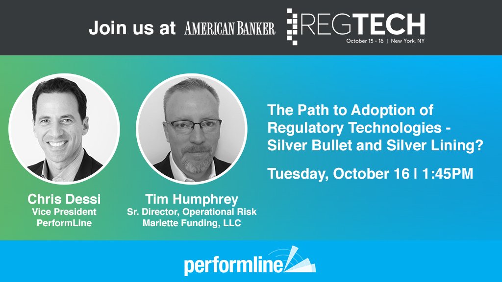 WilletteLiz's tweet photo. "The Path to Adoption of Regulatory Technologies" is not always easy. Join PerformLine's Chris Dessi and Marlette's Tim Humphrey as they discuss the challenges and opportunities during the American Banker #RegTech 2018 #conference https://t.co/Q25APXlcaX https://t.co/W1oM9poIsl