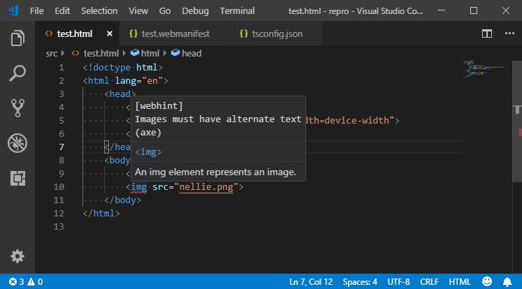 codepo8's tweet photo. Boom, now you can have webhint inside @code. This is incredible. You learn whilst you code what can cause issues instead of having to audit after the fact. 
📚 In-depth article https://t.co/Vxd0dTpvOM
🛠Extension: https://t.co/R7oxFdRYOO https://t.co/8r1PZdU9JE