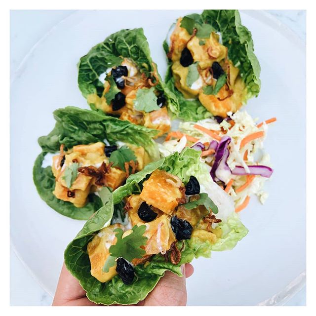 NEW on the menu this week: Curried squash salad lettuce wraps with curried butterkin squash, pickled cherries and apricots, coconut milk, and crispy shallots. Mmm, mmm, good! #basickitchen #charlestoneats #chseats