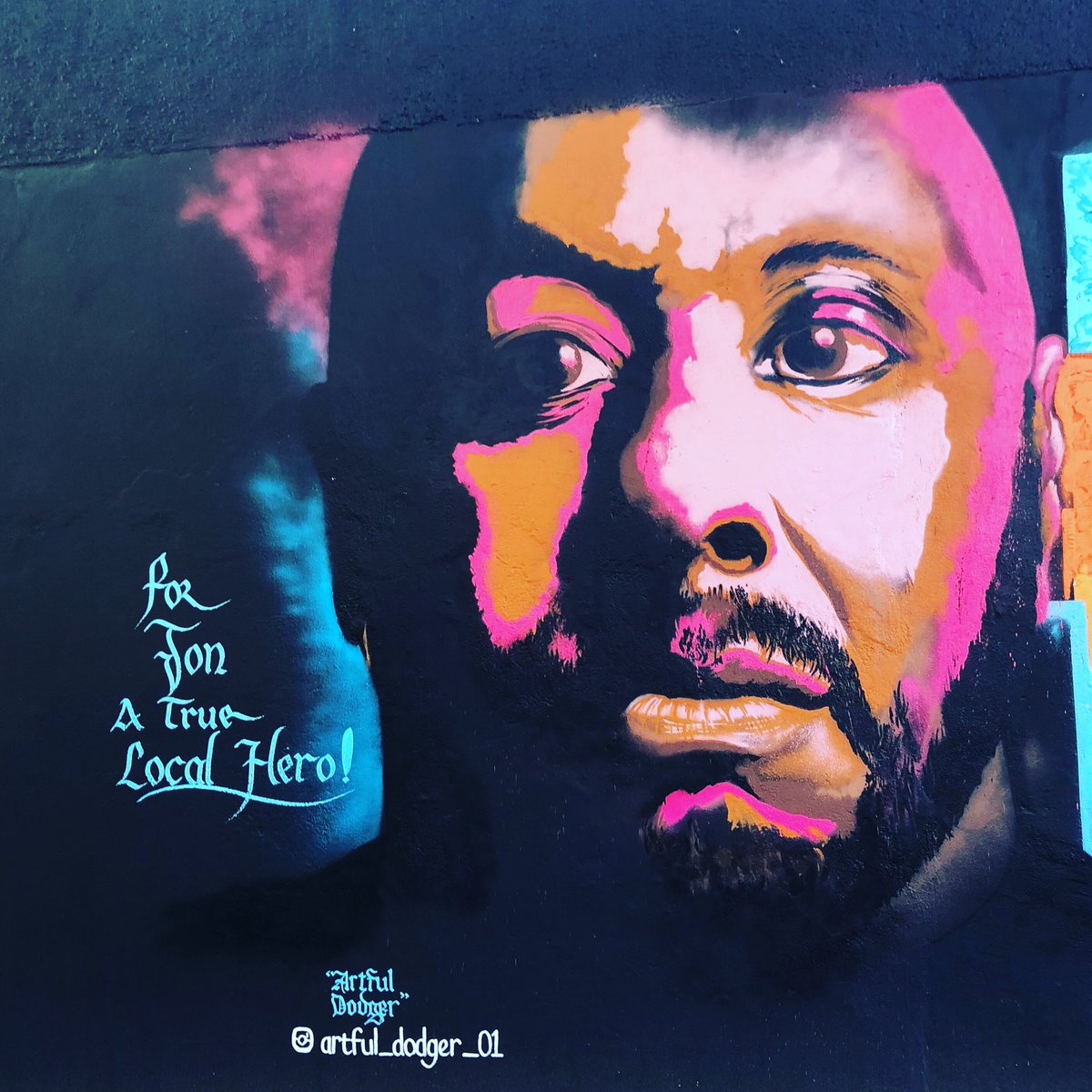 adrianpgibson's tweet photo. Nice to see an #artfuldodger addition to the #jondaniel #mural for his #retrospective #exhibition at #198contemporaryartsandlearning #streetart #localhero #art #local #hernehill https://t.co/JkdyzZkFPa