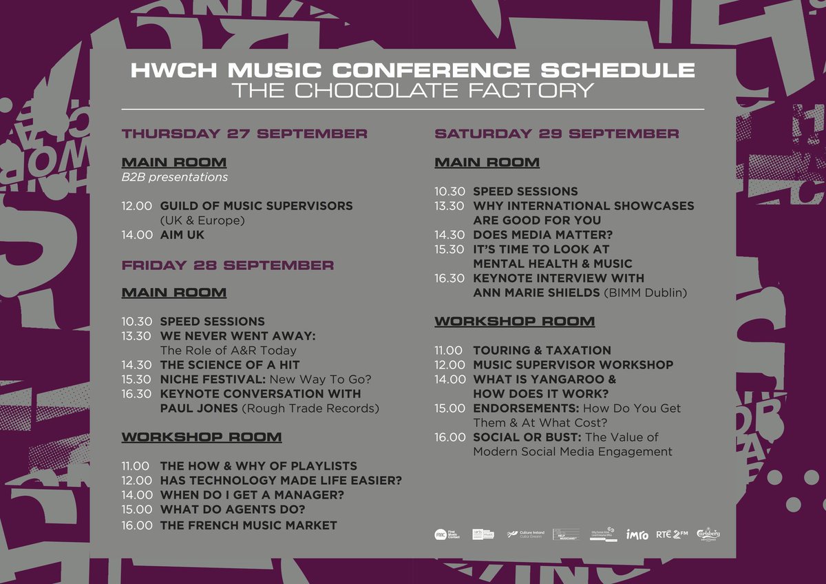 IrlMusicWeek's tweet photo. We're counting down the days! ⏳HWCH kicks off this Thursday with the HWCH Music Conference in @ChocFactoryDub followed by 2 nights of showcase gigs in @WorkmansDublin, @tramlinedublin, @TGSDublin, @Doylesintown &amp; @YamamoriTengu. #HWCH18

TICKETS | https://t.co/uZ7CJk77Ig https://t.co/ML5P8pdOVu