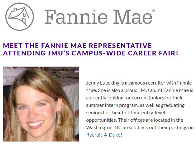 lifeatfanniemae's tweet photo. #GoDukes! We will be at @jmucap for the #JMUCareerFair TODAY. Come by our booth and chat with #JMU Alumni about our Associate and Internship programs. #RecruitADuke https://t.co/CN3vZUaKCR