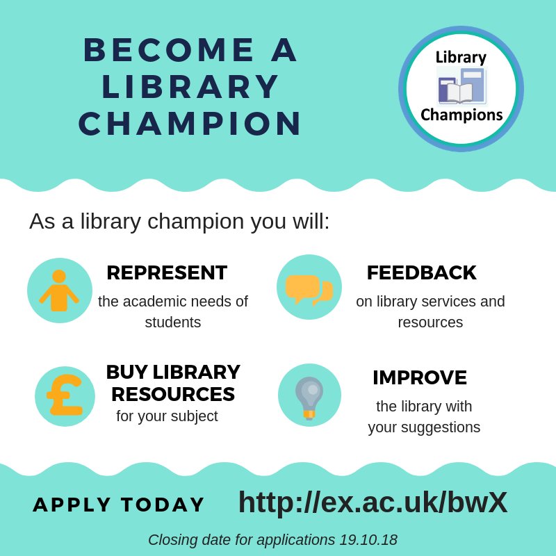 ExeterUniLib's tweet image. Do you want to influence library decision making and represent students in your subject? Apply to be a library champion! ex.ac.uk/bwX

@UniofExeter @ExeterGuild @Exeter_Students
