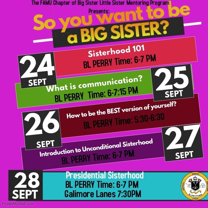 BSLSFAMU's tweet photo. So you want to be a BIG SISTER? Well come out and learn the principles on how to become a great sister‼️Here you will learn what “Success through Sisterhood” really means. #FAMUBSLS #FAMU21 #FAMU20 #FAMU19 https://t.co/kLte4TglUY