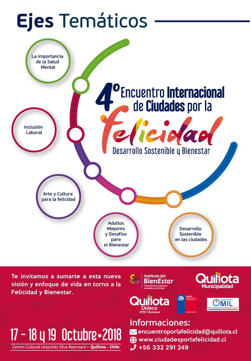 🔊Pronto en #Quillota 🔜 4ta versión del "Encuentro de Ciudades por la felicidad", espacio de experiencias políticas en torno al bienestar a nivel nacional e internacional 🇦🇷️🇧🇷️🇨🇱️🇲🇽️mas info e inscripción en ciudadesporlafelicidad.cl
#ciudadesporlafelicidad