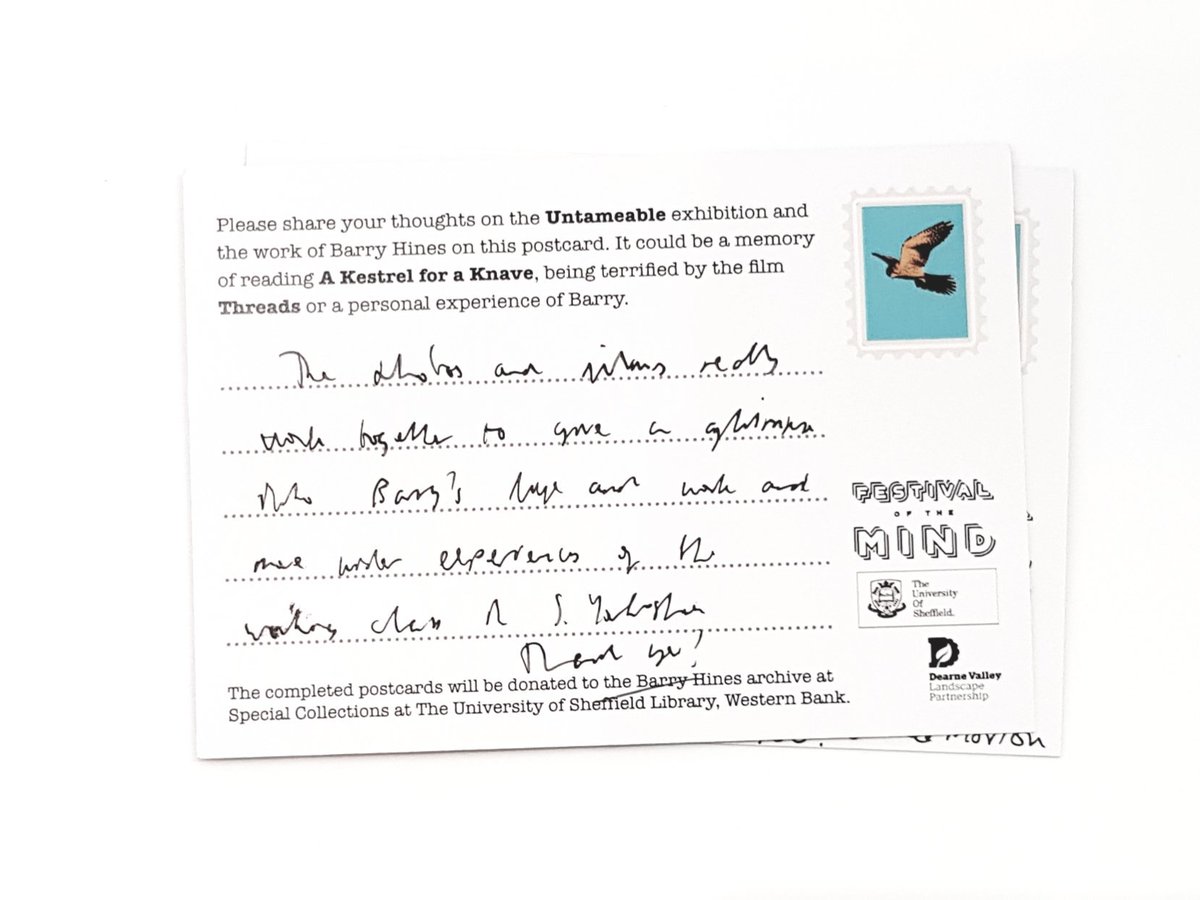 PM_studio's tweet photo. Big thank you to everyone who wrote lovely messages to Barry Hines on postcards in our UNTAMEABLE exhibition @35chapelwalk Gallery. We have until 30 Sept to gather more, exhibition covers Kes, Threads and much more @DavidSForrest @Anton_Want @professorvaness @FestivalMind https://t.co/Tn4rmrp5O9