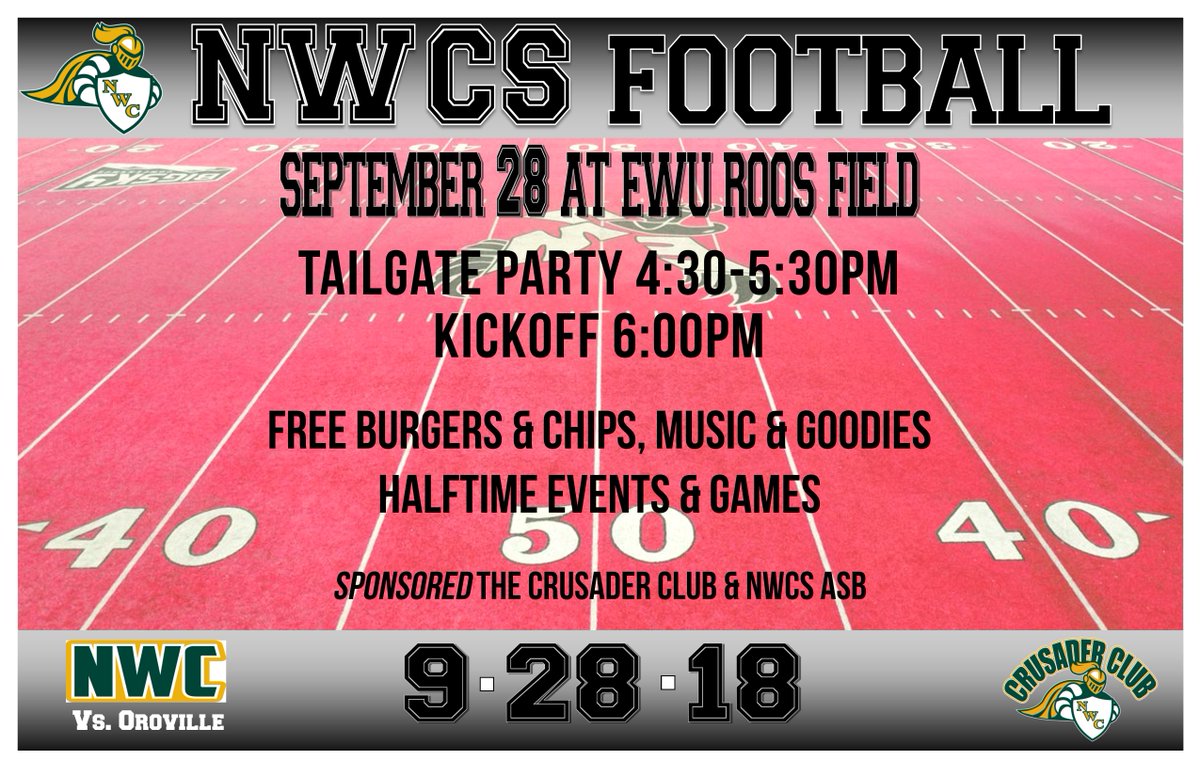 nwccrusaders's tweet photo. Don't miss NWCS football VS Oroville at EWU Roos Field this Friday (9/28) tailgate at 4:30 pm and game at 6 pm. Free burgers &amp; chips, music &amp; goodies with halftime events &amp; games. #GoCrusaders #CruClub https://t.co/RxG7CZC02g