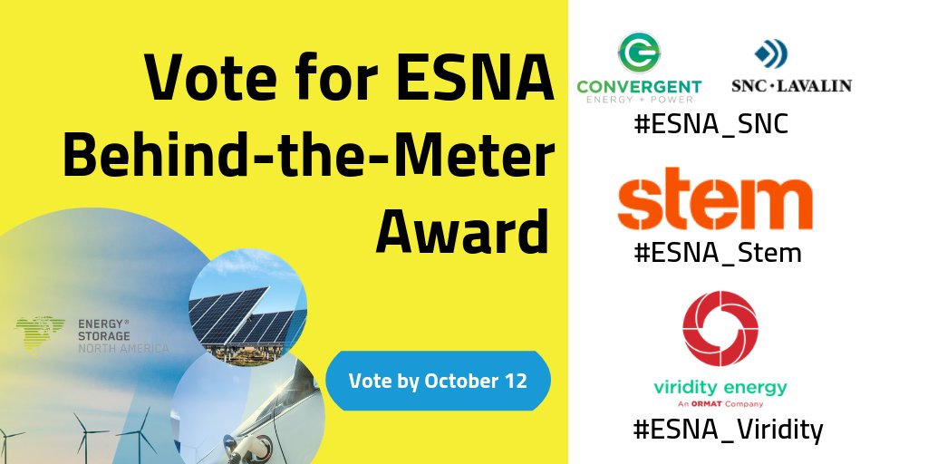 ISNAESNA's tweet image. #ESNA2018 Innovation Awards voting: Behind-the-Meter Category. To vote retweet this post with the custom # of the company. For more info visit: esnaexpo.com/awards 

@SNCLavalin @ConvergentEP #ESNA_SNC
@stempowered #ESNA_Stem
@viridityenergy #ESNA_Viridity