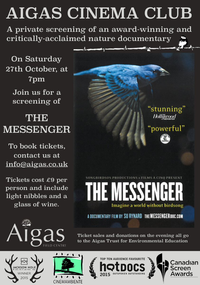 Aigas's tweet photo. Join us on Saturday 27th October at 7pm for a screening of @themessengerdoc. To book, contact the Aigas offices on 01463 782443 or info@aigas.co.uk. Ticket sales and donations on the night all go to the Aigas Trust for Environmental Education. https://t.co/DSz1dATDjP https://t.co/xAO2rLbKVK