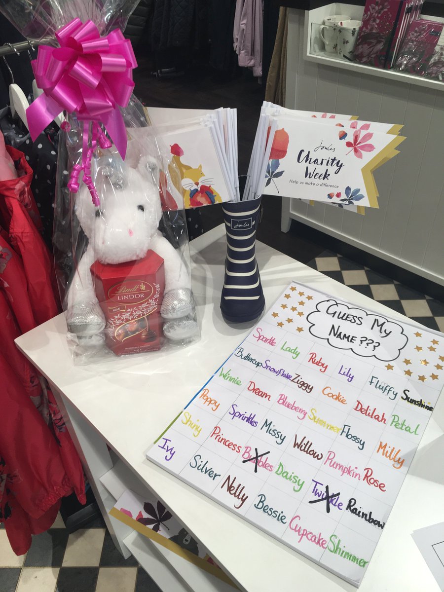 Can you guess the name of our Unicorn? It's #JoulesCharityWeek in store this week and we have lots of activities going on all for our 4 amazing charities @ptpartnerships <a href="/farmersforaweek/">Farms for City Children</a> <a href="/hospiceuk/">Hospice UK</a> and Nuzzlets, <a href="/carmarthen/">Carmarthen</a> <a href="/Joulesclothing/">Joules</a>