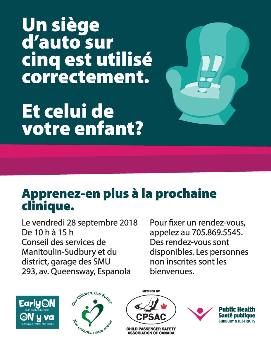 SantePubliqueSD's tweet image. Salut Espanola! Un siège d’auto sur cinq est utilisé correctement. Et celui de votre enfant? Apprenez-en plus a la prochaine clinique.

#CPSWeekCanada; #CPSAC #Espanola #SantePublique