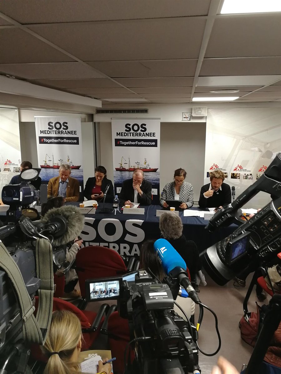 MSF_Sea's tweet photo. “Critics says we are pirates and outlaws, yet we respect all the requirements of international maritime law and of our flag state. We would be in violation of the law if we handed over rescued people to Libyan coastguard.” @SOSMedIntl &amp; @MSF LIVE Press Conference https://t.co/H8wTLkk4zP
