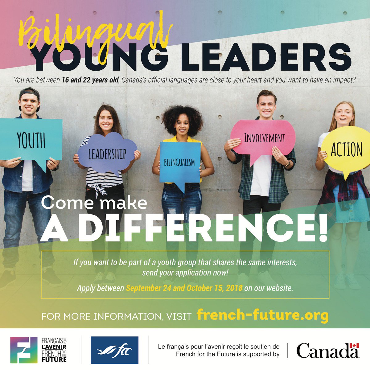 francaisavenir's tweet photo. 👉 Bilingual Young Leaders: applications open for registration! 🎊 Come make a difference by joining a youth group that wants to promote Canadian bilingualism 🇨🇦 Thanks to @FCCagriculture for making this program possible! #2018BYL #FACExpression https://t.co/XnjqH0bUXl