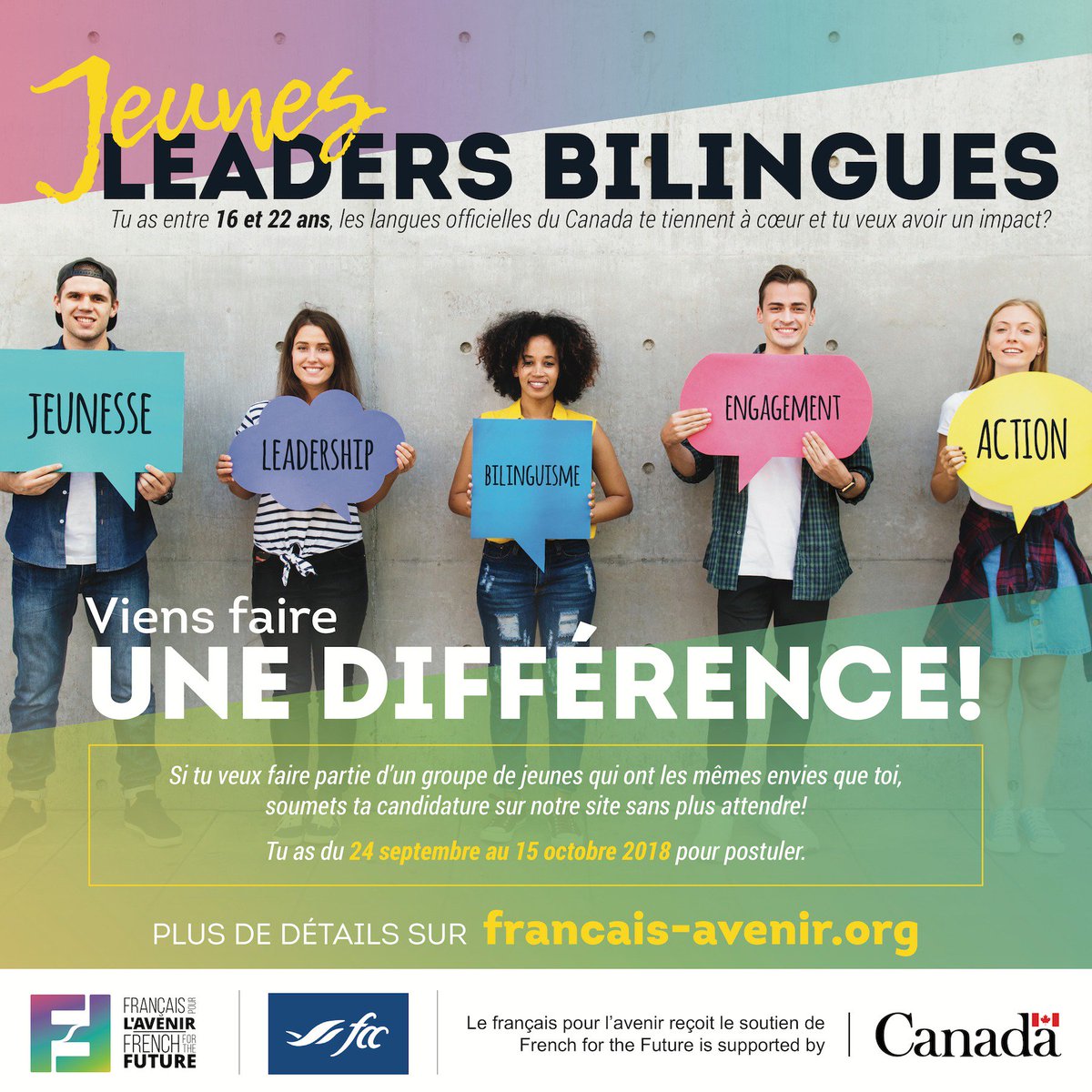 francaisavenir's tweet photo. 👉 Jeunes leaders bilingues : les candidatures sont ouvertes! 🎊 Viens faire une différence en rejoignant un groupe de jeunes qui veulent faire rayonner le bilinguisme canadien 🇨🇦 Merci à @FACagriculture de rendre ce programme possible! #JLB2018 #FACExpression https://t.co/JjJ86zZL2Z