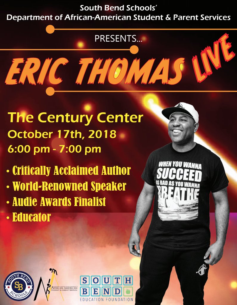 SouthBendCSC's tweet image. Dr. Eric Thomas will be speaking to our South Bend parents and youth about the recent surge of youth violence plaguing our country, and how to inspire our youth to reach their goals and ultimately achieve the success they deserve despite obstacles that may stand in their way.
