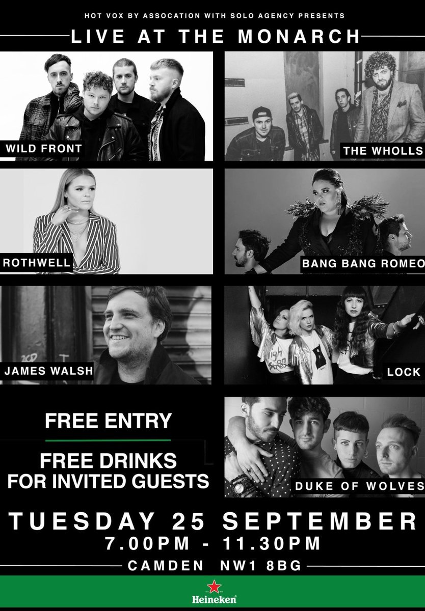 TOMORROW we hit <a href="/camdenmonarch/">The Monarch</a> for a showcase with our <a href="/SoloMusicAgency/">Solo Music Agency</a> crew including....

<a href="/jamesstarsailor/">James Walsh</a> <a href="/BangBangRomeo/">𝙱𝙰𝙽𝙶 𝙱𝙰𝙽𝙶 𝚁𝙾𝙼𝙴𝙾</a> @DofWmusic @wild_front @RothwellMusicUk @wearelock 

Free entry and free drinks for invited guests thanks to @HeinekenUKJobs