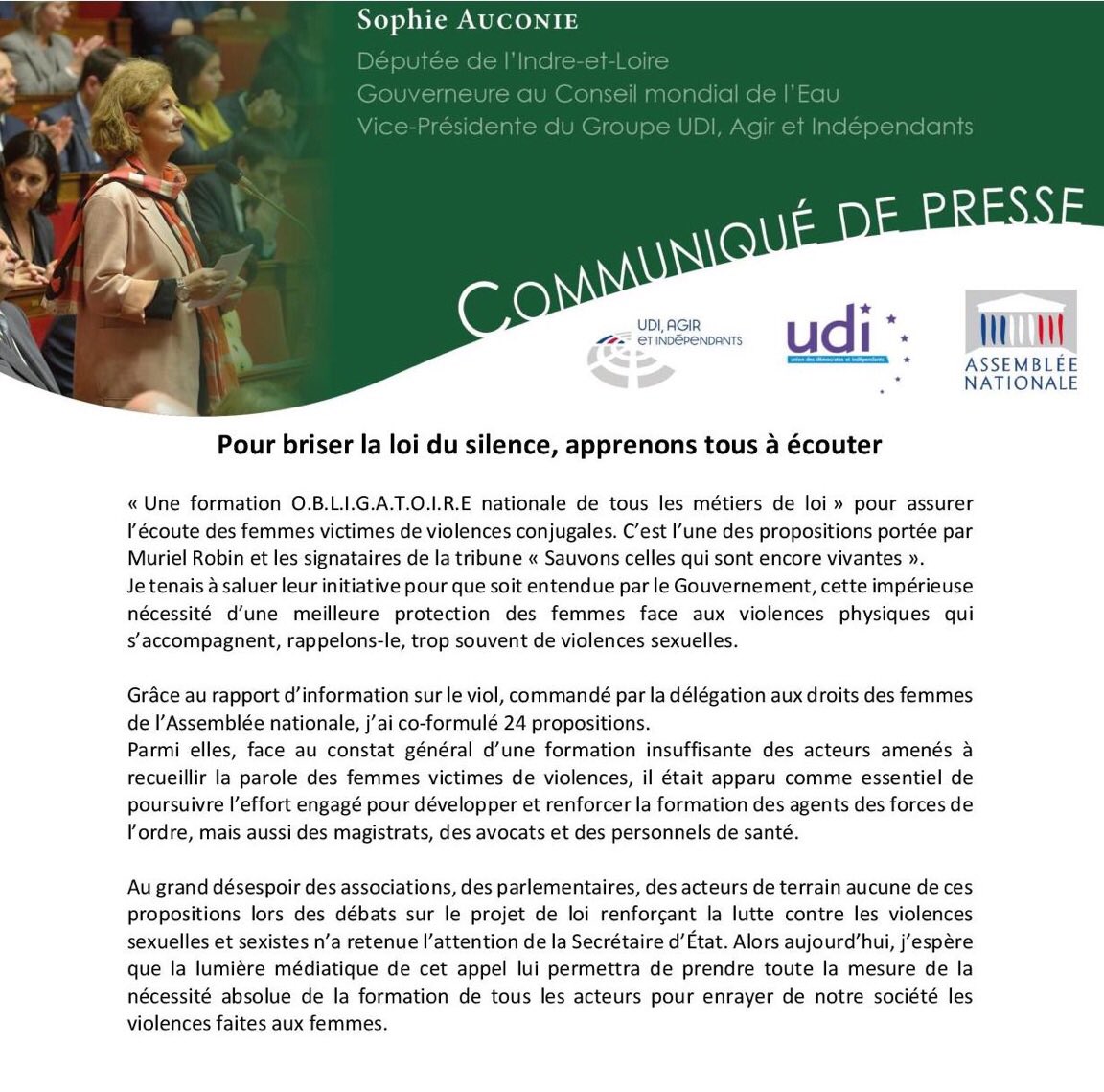 Sophie_Auconie's tweet photo. 🔴 Malgré le travail parlementaire pendant le #PLVSS de notre groupe @DeputesUDIAGIR et l’échec de nos amendements pour briser la loi du silence @MarleneSchiappa apprenons tous à écouter. https://t.co/nFn6xtR0V5