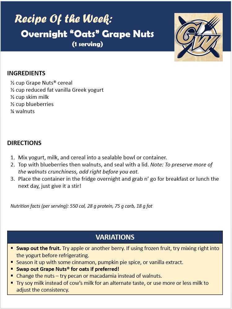 fuelingGWSPORTS's tweet photo. Check out the recipe of the week for a unique twist on overnight oats!#quickfuel https://t.co/hLffs4mLgx