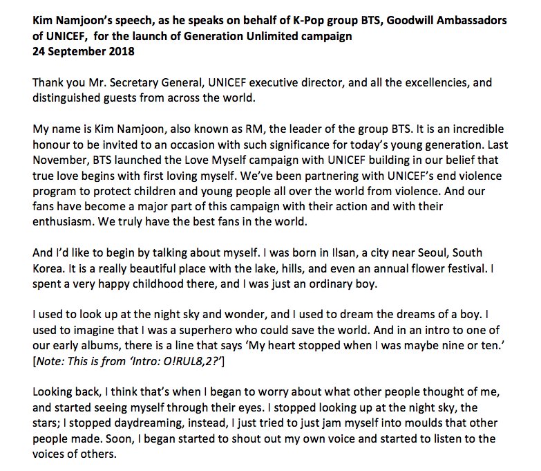 Kim Namjoon’s speech, as he speaks on behalf of K-Pop group  #BTS, Goodwill Ambassadors of UNICEF, for the launch of Generation Unlimited campaign #GenUnlimited