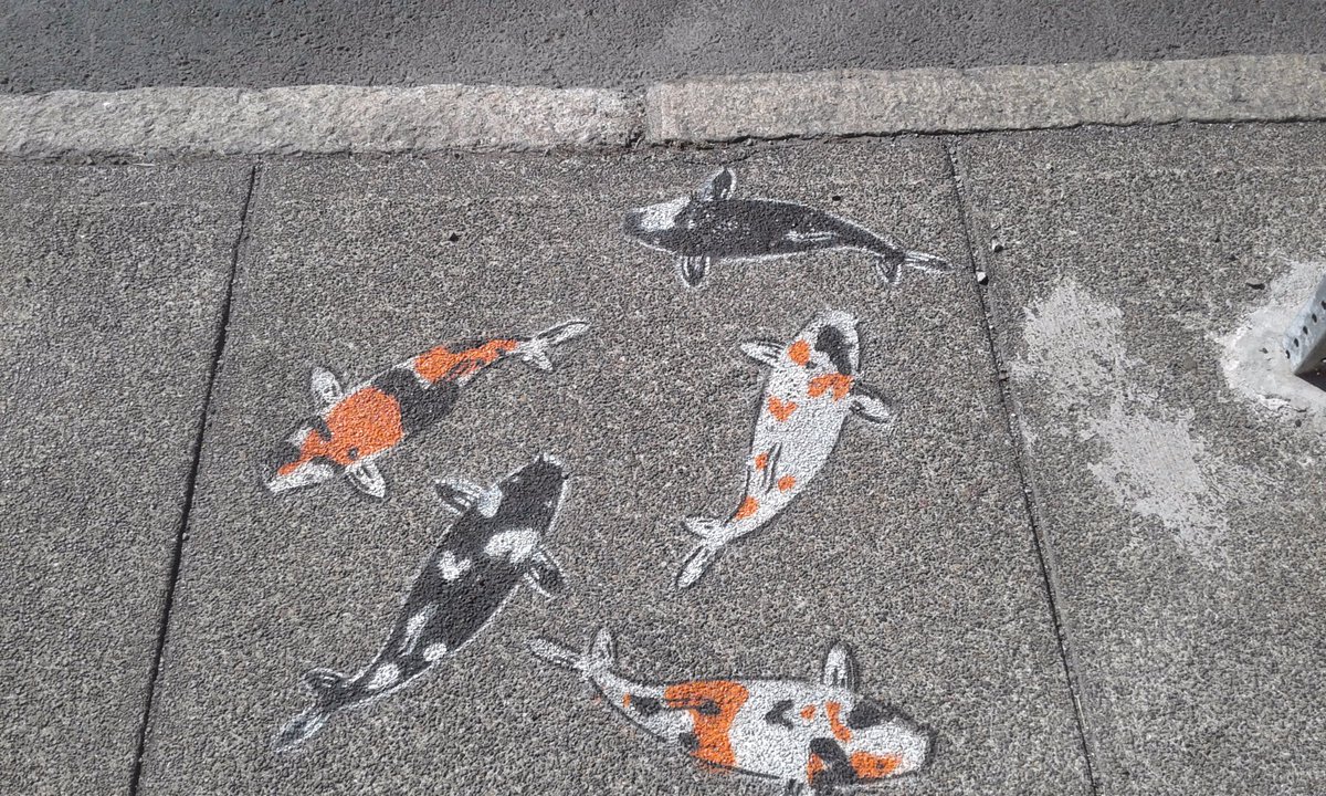 SurfacesBook's tweet image. Stenciled Carp/Koi on Cement by Unknown artist. #spokane #stencil #koi #carp #spraypaint #orange #black #white