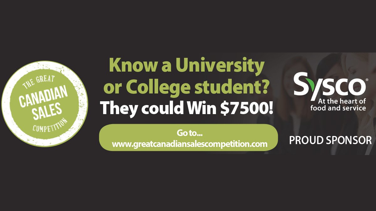 SyscoCanada's tweet image. Sysco is proud to be sponsoring Canada's largest student competition again this year! The competition introducing students to the sales profession and provides them with real world business and sales skills.
 greatcanadiansalescompetition.com