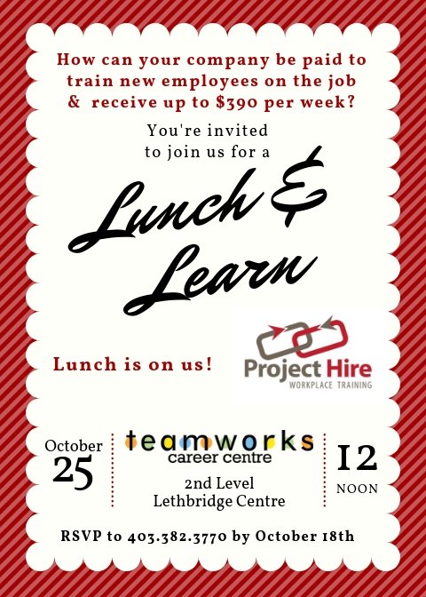TeamworksCareer's tweet photo. How can your company be paid to train new employees on the job &amp; receive up to $390 per week? Come and Learn how over Lunch on October 25th at noon! Lunch is provided. https://t.co/LqcKYjAKGp