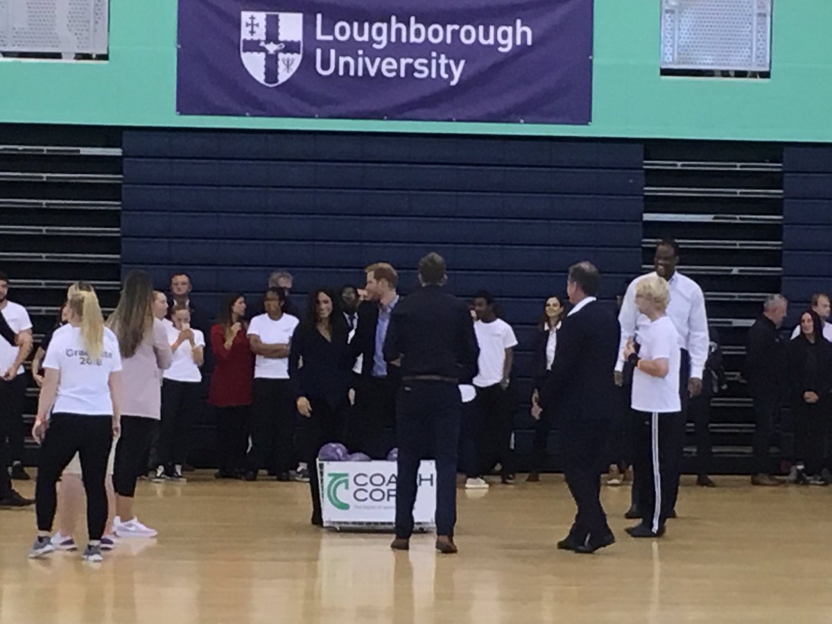 vixhix's tweet image. The Duke and Duchess of Sussex visit #Loughborough University to meet young people involved with #CoachCore. More @BBC EMT @1830