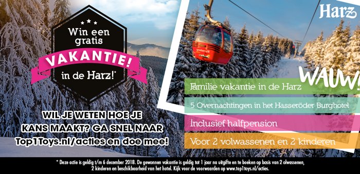 #Win om een gezinsvakantie te winnen naar de #Harz in Duitsland met 5 overnachtingen in het "Hasseröder Burghotel" in de Harz incl. halfpension.
Koop een artikel online of bij de #Top1Toys in jouw buurt, doe mee en maak kans op deze mooie vakantie! ow.ly/GScC30lSXiQ