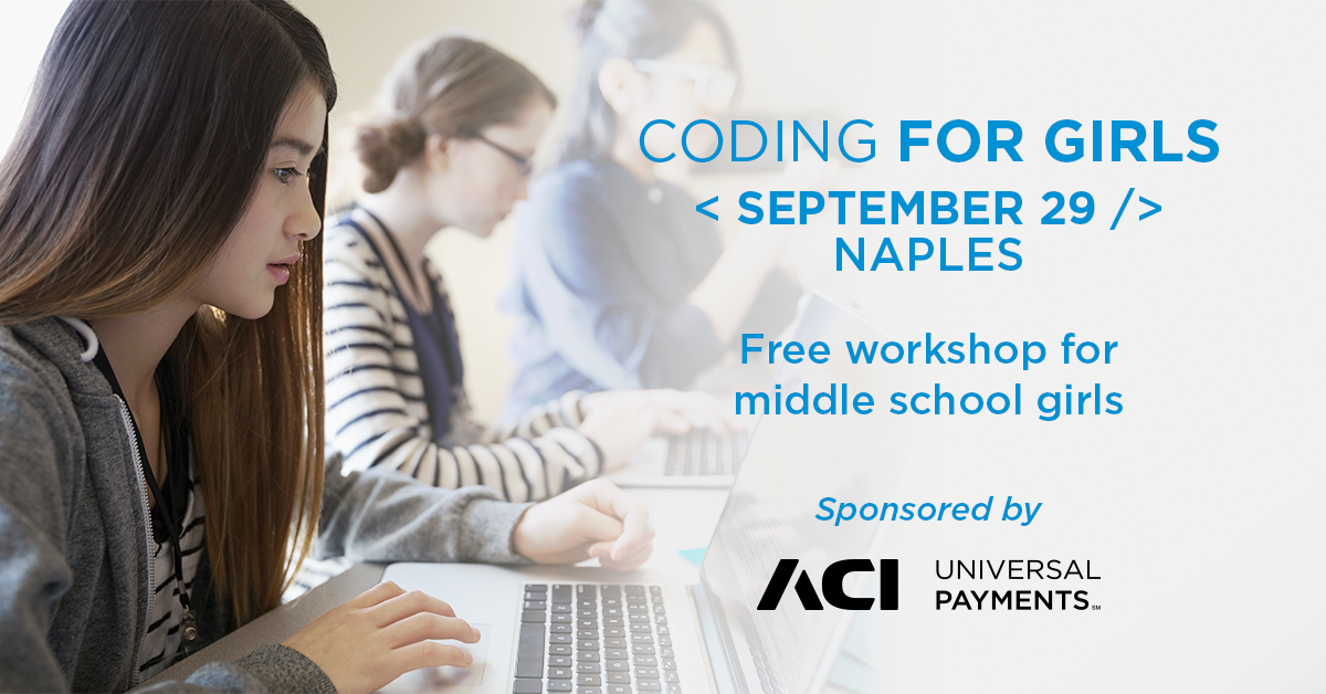 ACI_Worldwide's tweet image. ACI will host its sixth #CodingForGirls event in Naples, FL on Saturday, September 29. #womenintech