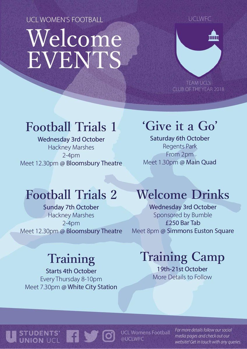 WELCOME EVENTS
Come find us this weekend at the welcome fair from 10am- 4pm. If you can’t make it, here’s a few dates for your diary.