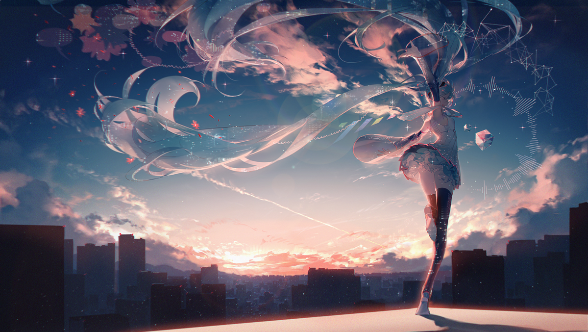 hatsune miku 1girl long hair solo twintails sky very long hair thighhighs  illustration images