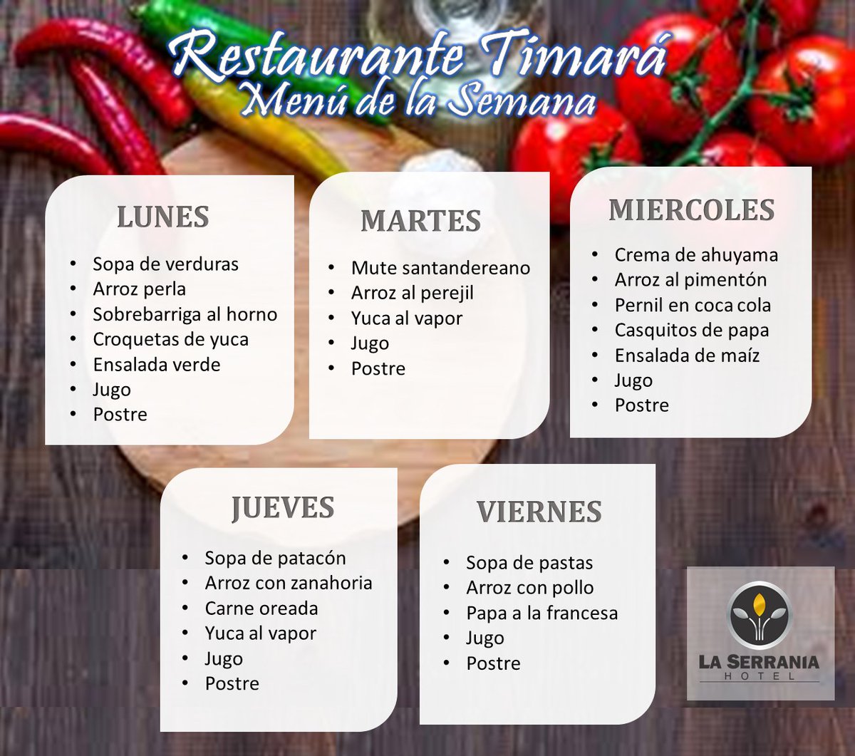 Prográmate para disfrutar esta semana nuestro Menú Ejecutivo y deléitate con la gran variedad de sabores a un precio único, $15.000.
--
Conoce más de nuestro hotel ingresando a laserraniahotel.com
Tels: 6917535 - 310 279 7701
Calle 33 Nº 30 - 26 Bucaramanga