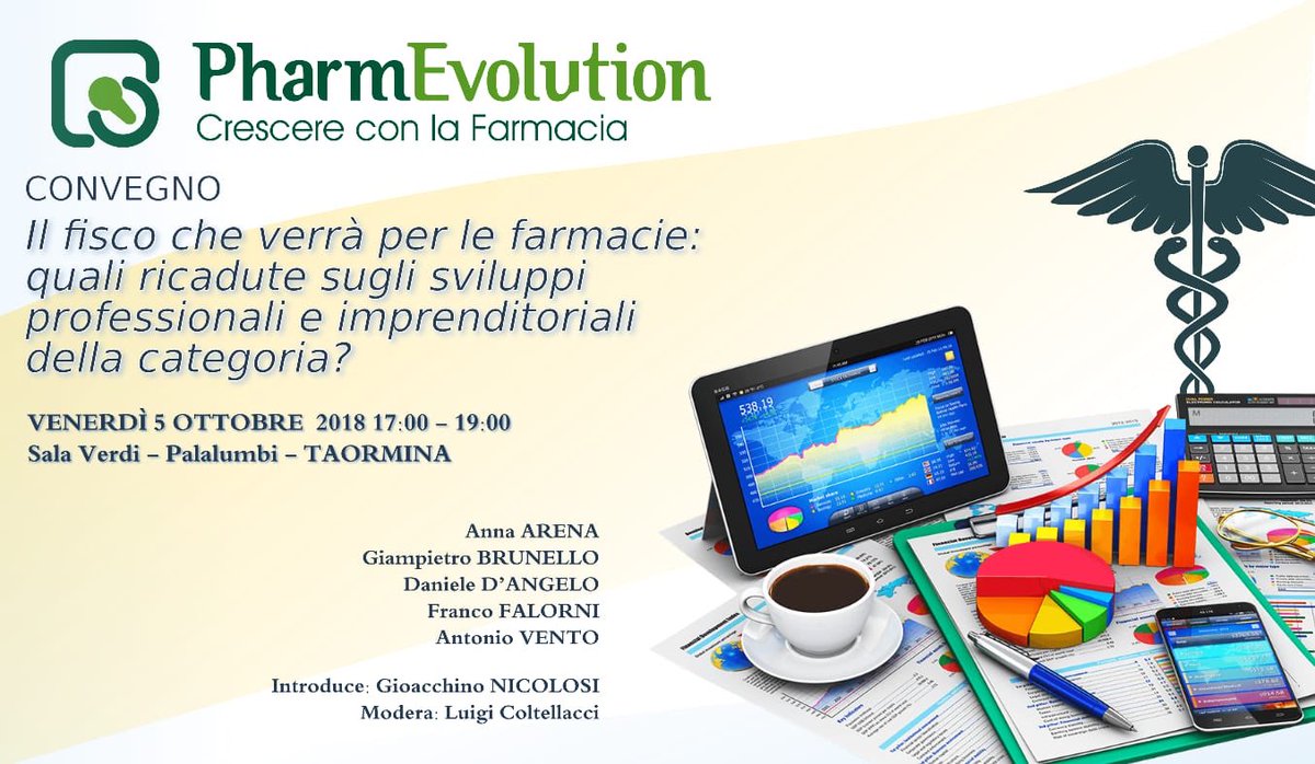 pharmevolution's tweet photo. A PHARMEVOLUTION 2018 convegno “Il Fisco che verrà per le farmacie: quali ricadute sugli sviluppi professionali e imprenditoriali della categoria?” che si terrà venerdì 5 ottobre alle 17 al PalaLumbi di Taormina, nell'ambito di PharmEvolution 2018. https://t.co/kBI78KGiFg