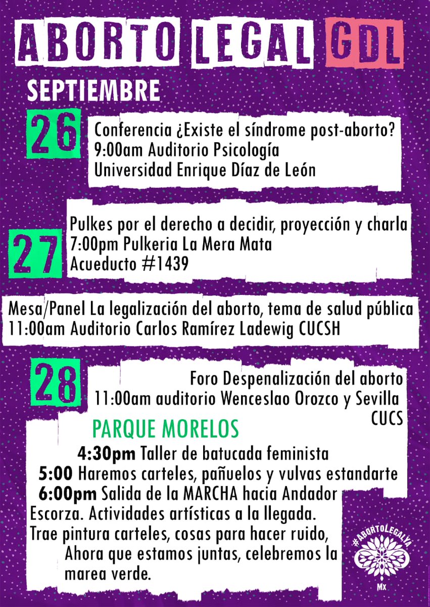 DdeserJalisco's tweet photo. #FelizLunes se acerca el #28S y aquí  les compartimos las actividades que tendremos en el marco de este día en #Gdl
#Abortolegalya 
#AbortoLegalMX 💚💚💚 https://t.co/2evKbQ6o5q