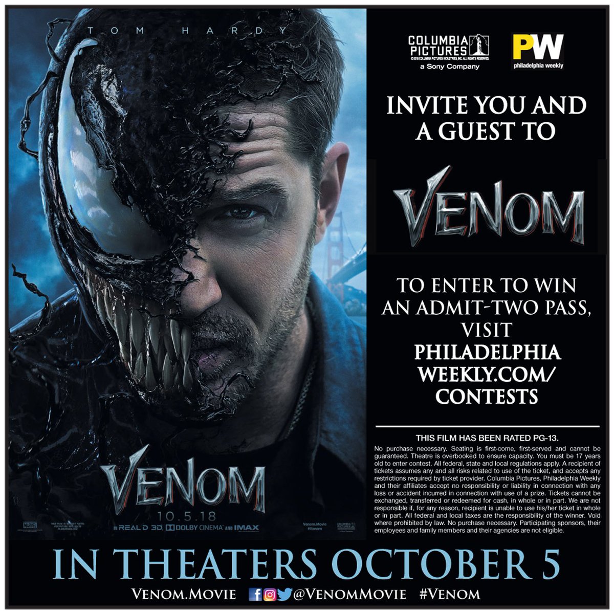 PWpromos's tweet photo. Win 2 tickets to see "Venom" https://t.co/XP7NWaq4Yc  @VenomMovie @PWpromos https://t.co/0sbTLIVDjr