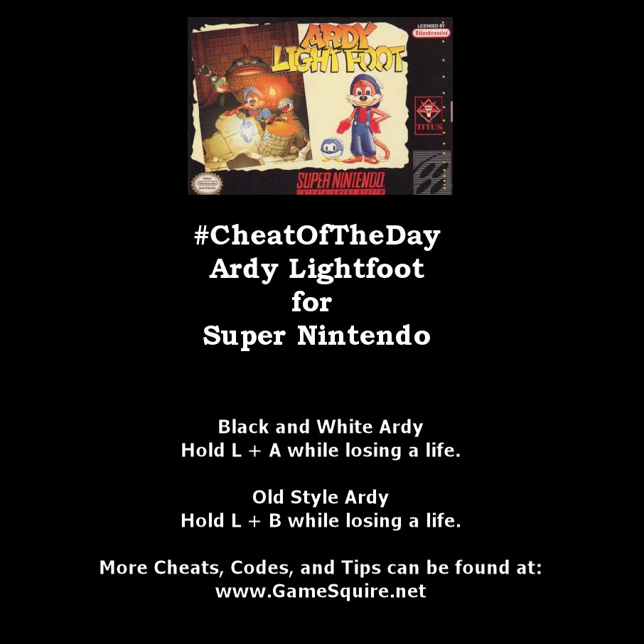 GameSquire's tweet photo. #CheatOfTheDay #ArdyLightfoot #BlackAndWhite #Ardy & #OldStyle Ardy #SuperNintendo https://t.co/EJOgtDh9gK #ASCIIEntertainment #TitusSoftware #SNES #Nintendo #Ninstagram #Retro #RetroGaming #RetroGamer #RetroGamers #Classic #ClassicGaming #ClassicGamer #ClassicGamers #GamersUnite https://t.co/GgeuCGfCGs