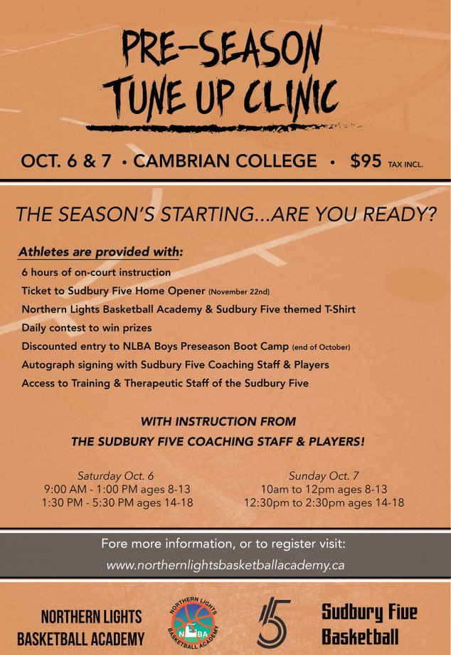 TheSudburyFive's tweet photo. In partnership with Northern Lights Basketball Academy, The Sudbury Five are pleased to offer our Pre-Season Tune Up Clinic. The camp will be led by Five Head Coach Logan Stutz and Associate Head Coach Kyle Beers!

For more information, please visit: https://t.co/Hh1UqSVysw https://t.co/rOdgLtj7FX