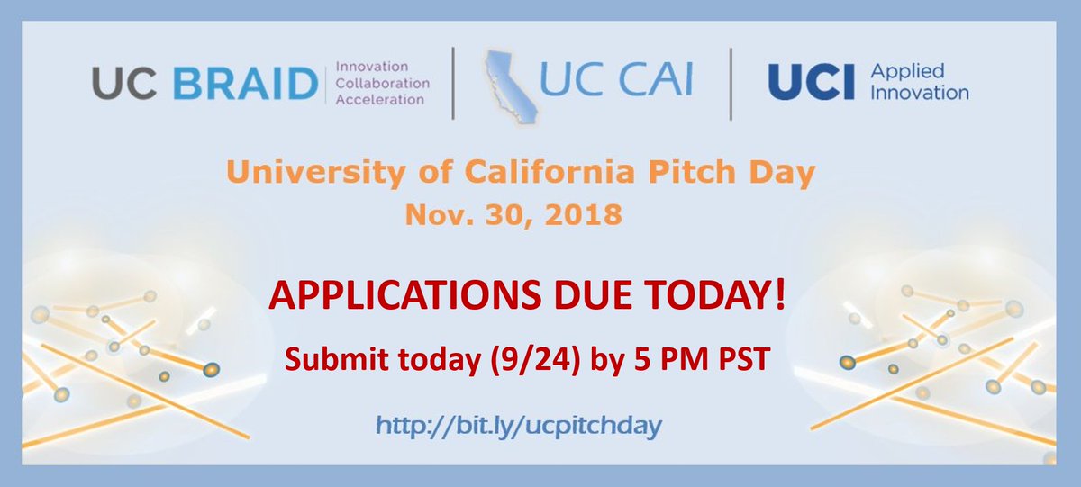 2 hours left to apply for UC Pitch Day! Apply online by 5 PM PST TODAY!  bit.ly/ucpitchday #pitchday #entrepreneur #innovation #startup