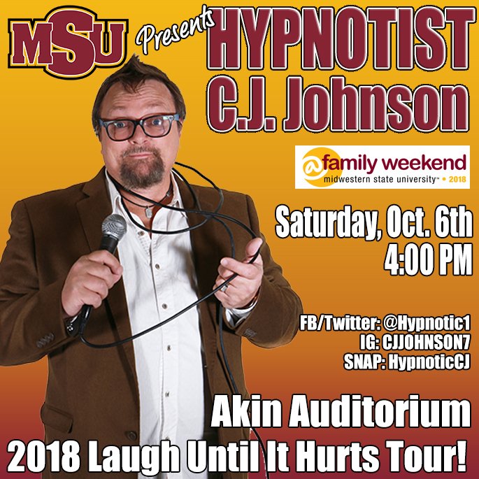 MSU_first2go's tweet image. MSU Texas Family Weekend is coming up, Oct 5 - 7! Come see our comedy hypnotist, CJ Johnson! #MSUTexas #FamilyWeekend @MSUTexas