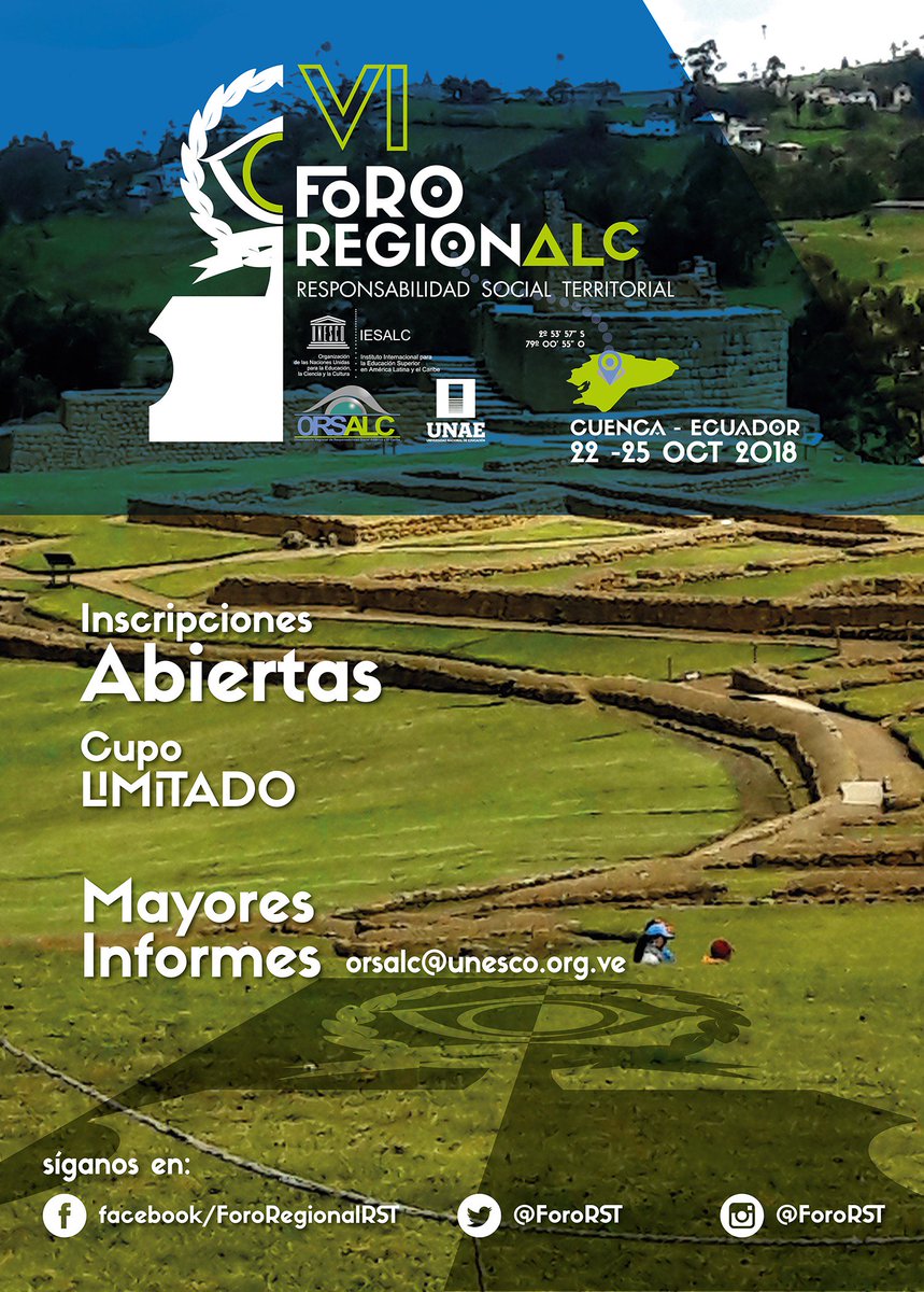 ORSALC's tweet photo. Solo por esta semana, se abren cupos para participantes activos a nuestro Foro.

Mayores Informes:
orsalc@unesco.org.ve

#NosVemosenCuenca
#SomosRST
#VIForoesNuestro https://t.co/PcfTL4uLao