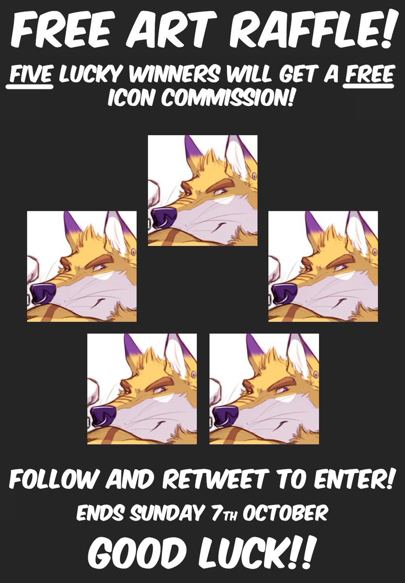 Hey! I'm approaching 6k followers, so I'm doing another FREE ART raffle! 🦊

Follow and Retweet to enter! All FIVE winners will be announced Sunday 7th October (10pm UTC / 5pm Eastern / 4pm Central / 2pm Pacific)!

Good luck!!