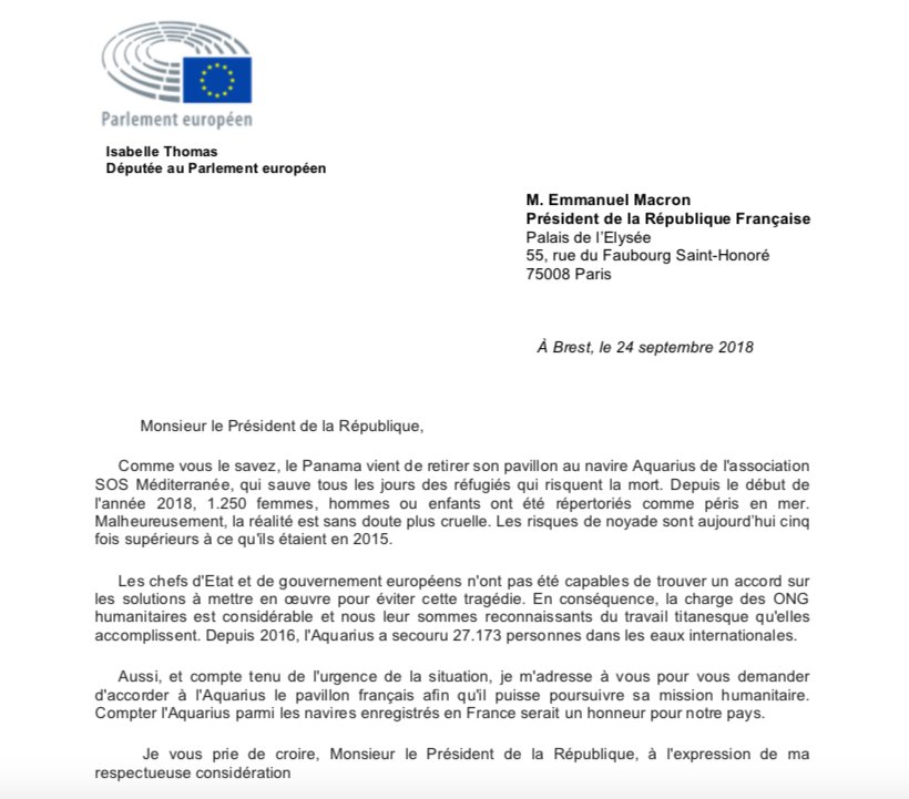 Courrier adressé ce jour au Président de la République, par lequel je formule la demande que soit accordé un pavillon français à l'#Aquarius afin qu'il puisse poursuivre sa mission humanitaire <a href="/SOSMedFrance/">SOS MEDITERRANEE France</a> <a href="/GenerationsMvt/">Génération·s</a>