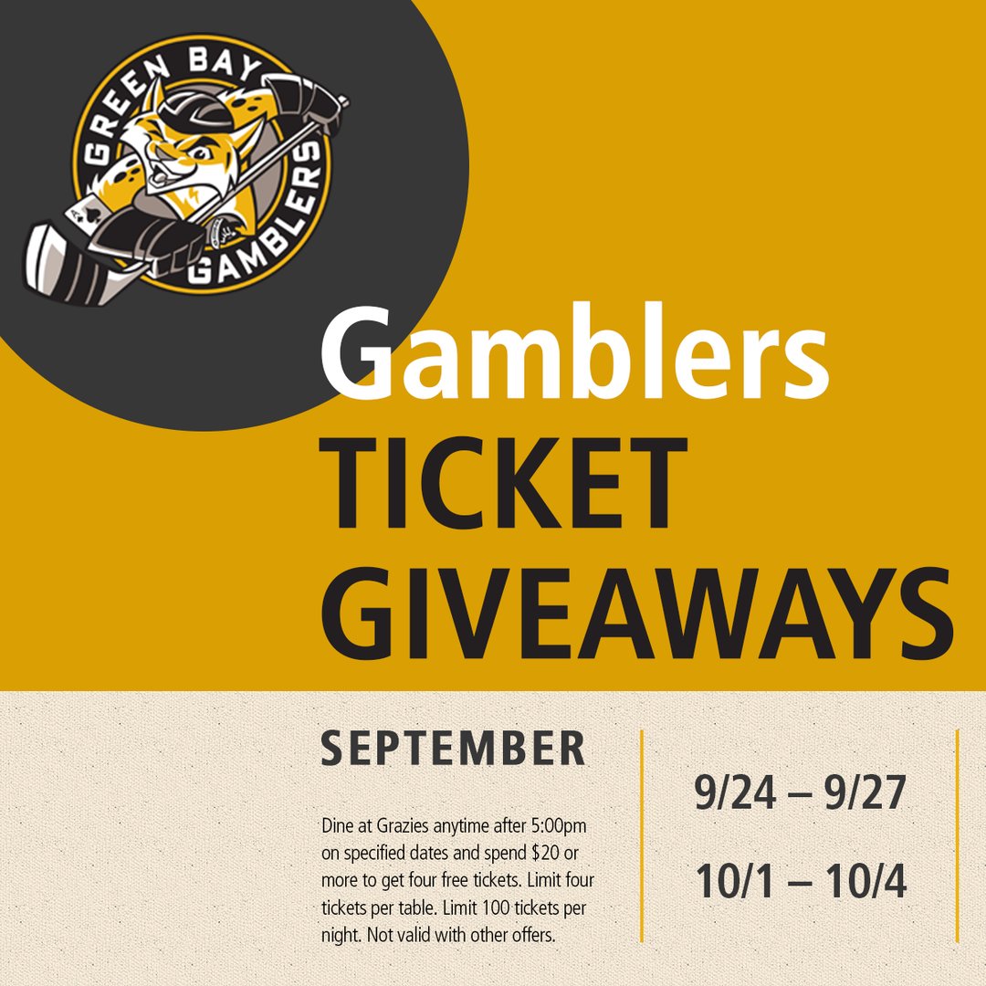 Go2Grazies's tweet photo. See @GamblersHockey totally free! Just eat at Grazies Monday – Thursday on specified dates. https://t.co/SvM0LjCJ1N