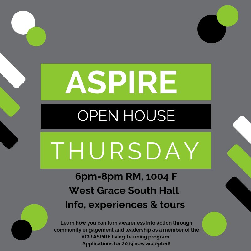 VCUASPiRE's tweet photo. VCU students, join us this Thursday! #VCU #VCUASPiRE #CommunityEngagement #OpenHouse https://t.co/shiY7Dq43d