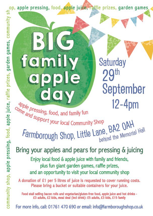 FarmboroughShop's tweet photo. Big Family Apple Day - 29 September - https://t.co/PVKx4jUGQ9
Farmborough Community Shop and Memorial Hall Garden from 12pm-4pm.

Apple press, fun family games, prize raffle, and community shop. Apple juice, hot and cold drinks, cake, ice cream and bacon bap/veggie sausages too. https://t.co/0m6Zw5cL3f