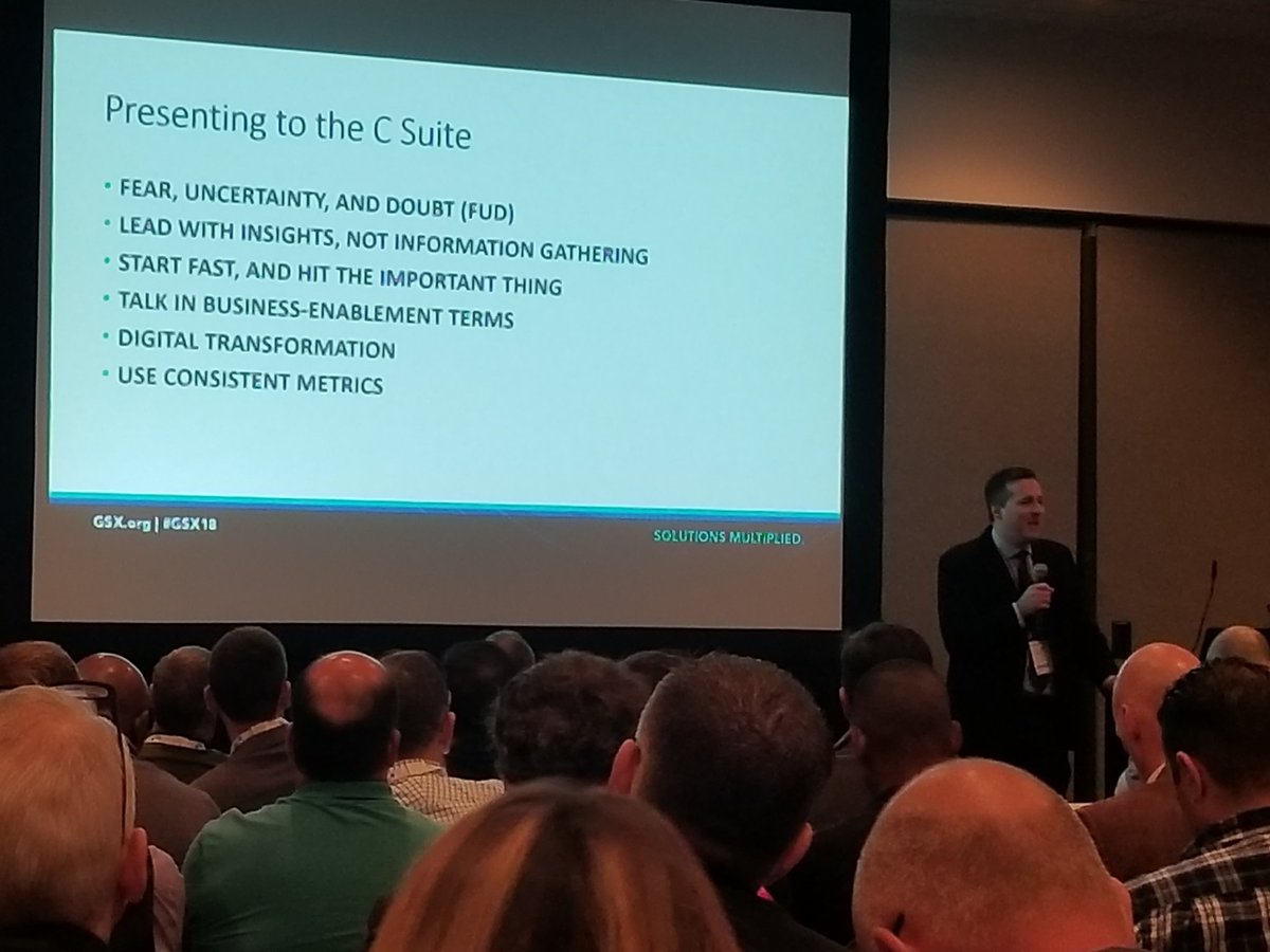MarkLandry's tweet photo. @jeffsieben presenting about presenting to the c-suite at #GSX18. Fear, uncertainty and doubt is sensational, but it should be avoided in trying to sell security to the c-suite. It will create atrophy and is counterproductive. https://t.co/8Mt1Tpe1tG