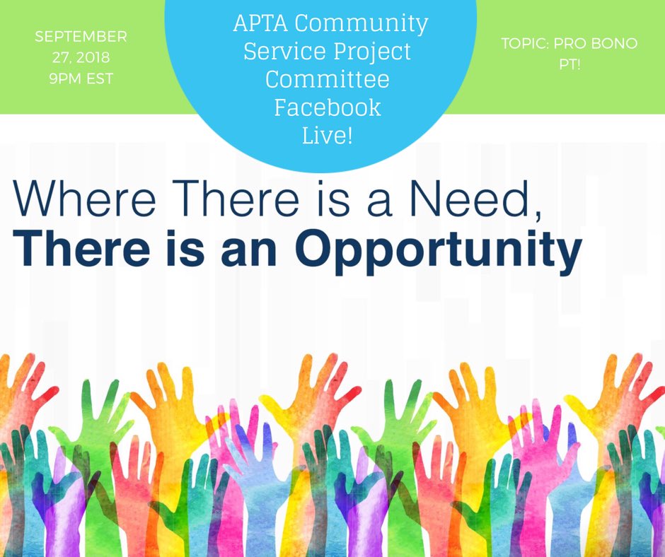 parazopt's tweet photo. Tune in to the @APTASA Facebook Thursday at 9PM EST with @fraBONAFIDEdpt and @SaraScarbsSPT as they discuss Pro-Bono PT!
You can read about other #DPTstudent experiences with Pro-Bono PT on the @APTASA Pulse blog: https://t.co/KxtIUzT36H #FreshPT @PTDayofService @MoveTogether_ https://t.co/qjmV0dZEU1