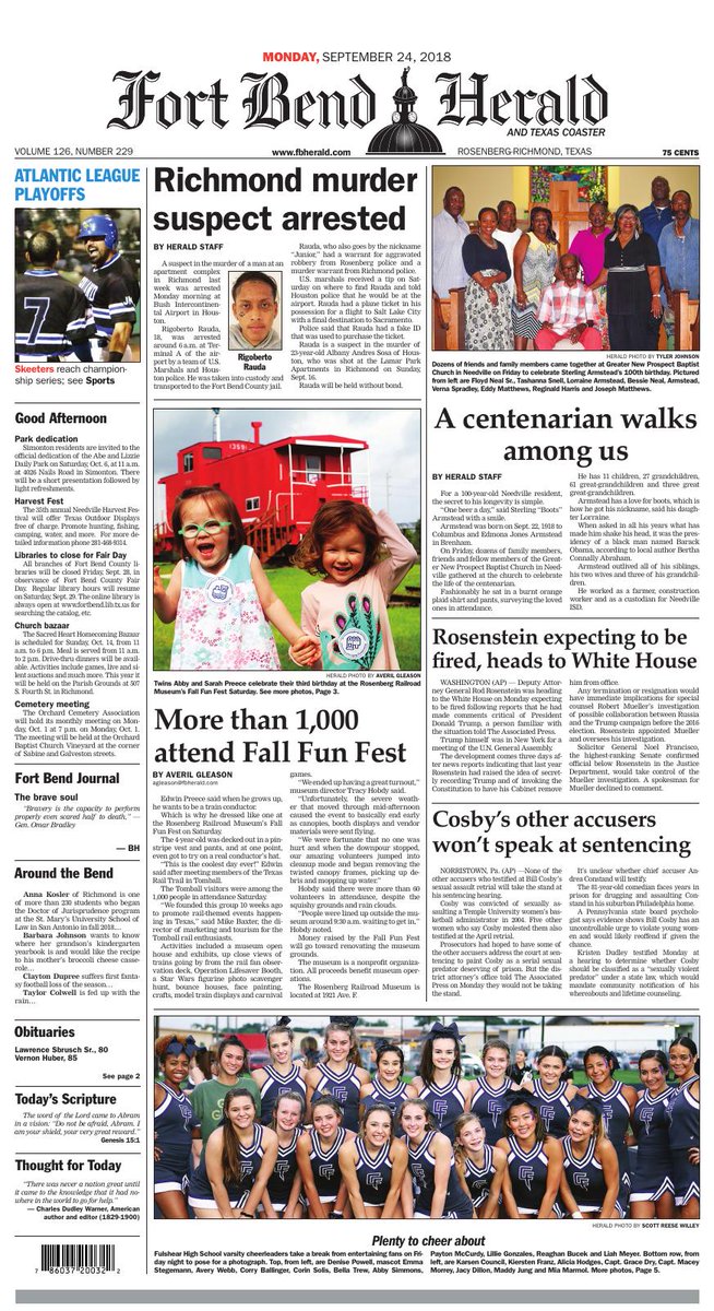 fbherald's tweet image. Monday, Sept. 24, 2018 issue of The Fort Bend Herald is on news stands now. Buy a couple of copies today!